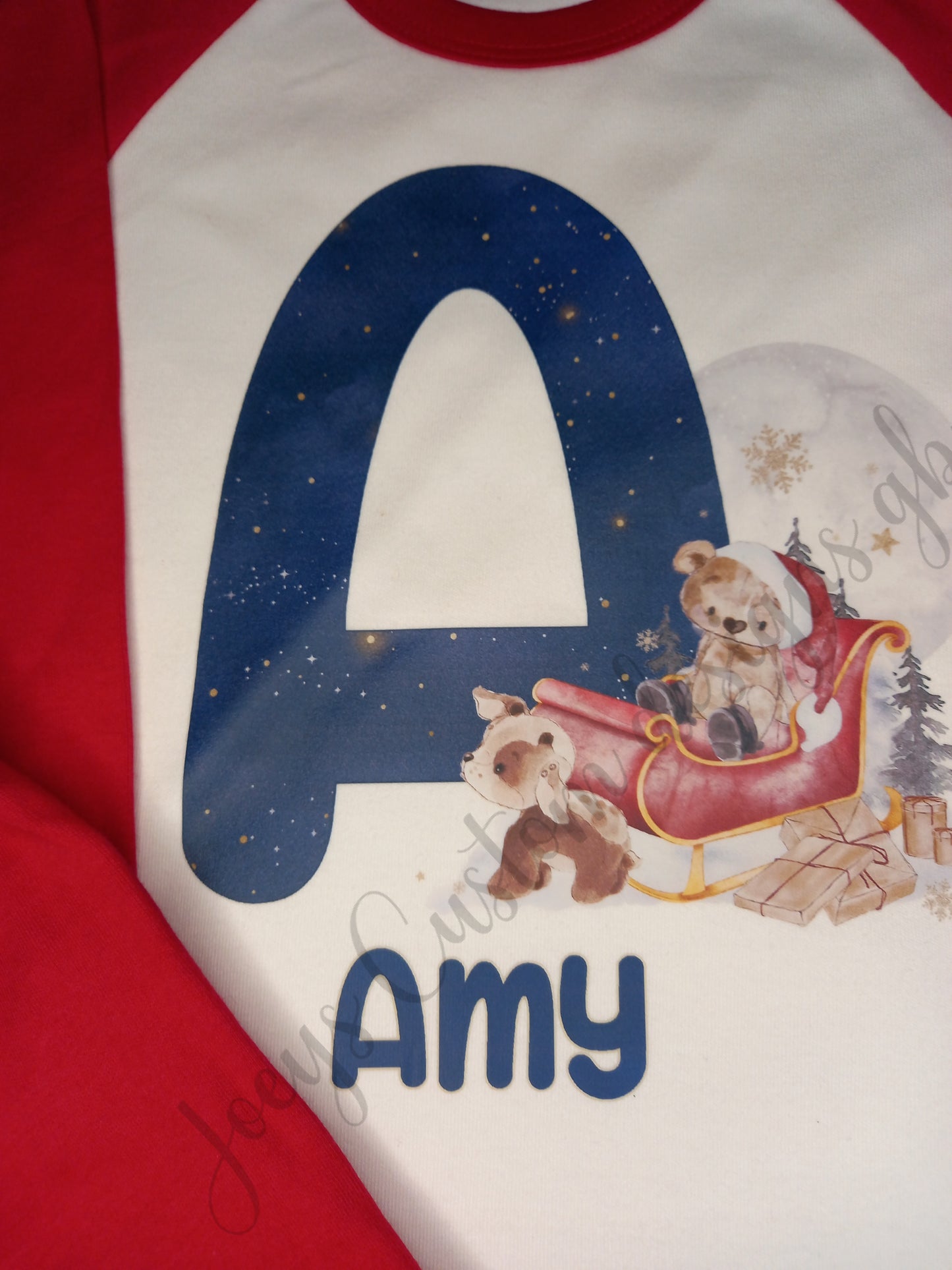 Children's personalised Christmas pyjamas, Kids festive pjs, santa teddy and sleigh initial pjs, Christmas eve pyjamas