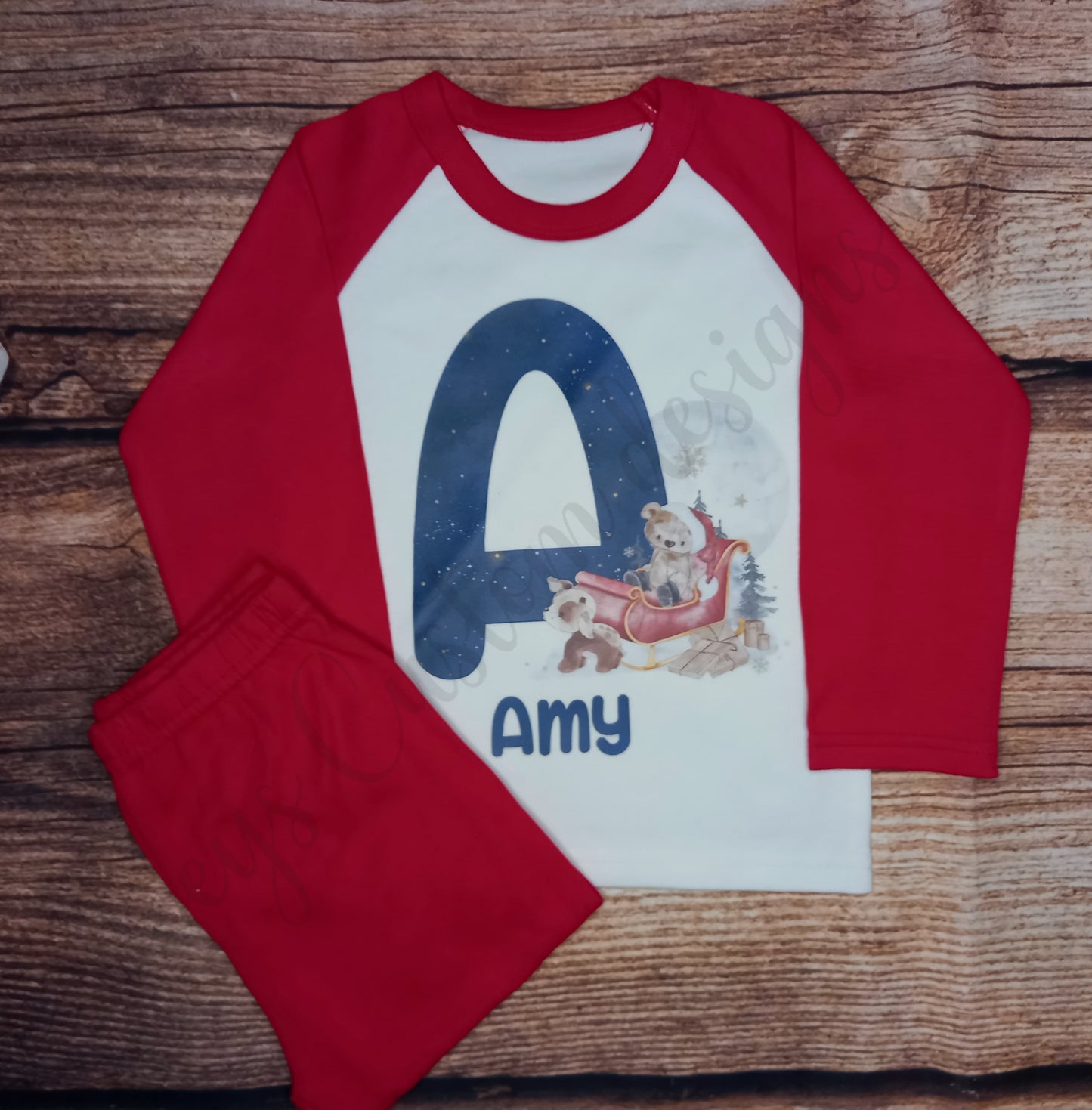 Children's personalised Christmas pyjamas, Kids festive pjs, santa teddy and sleigh initial pjs, Christmas eve pyjamas