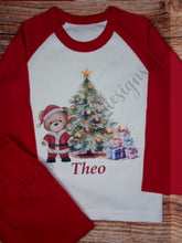 Load image into Gallery viewer, Children&#39;s personalised Christmas pyjamas, kids festive pjs, Santa teddy and tree pjs,
