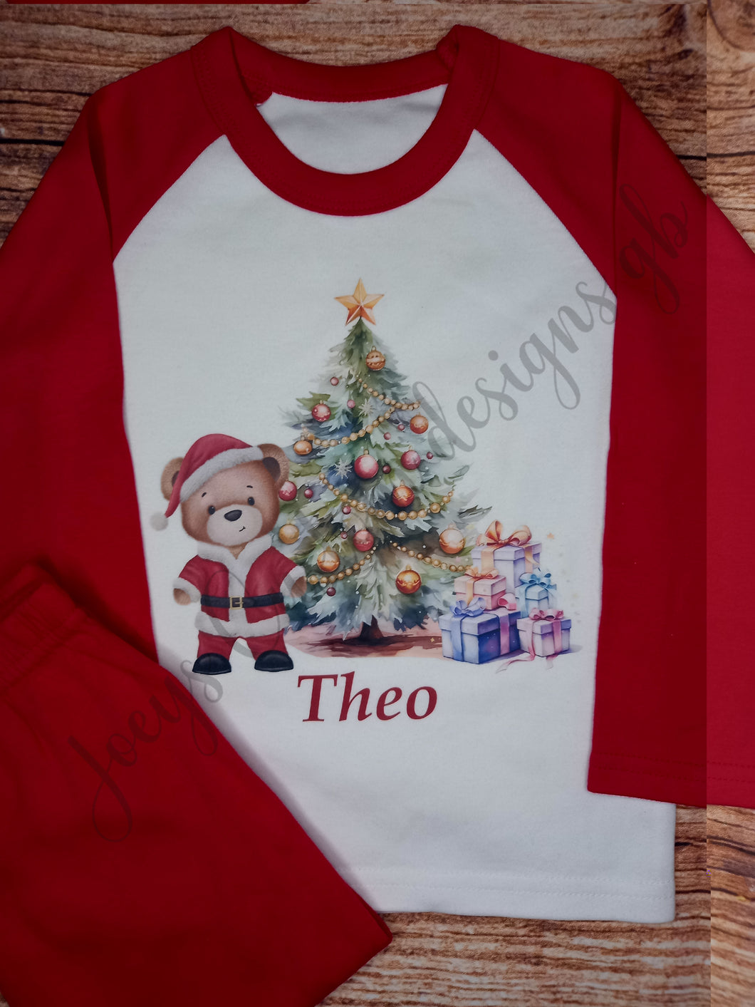 Children's personalised Christmas pyjamas, kids festive pjs, Santa teddy and tree pjs,