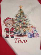 Load image into Gallery viewer, Children&#39;s personalised Christmas pyjamas, kids festive pjs, Santa teddy and tree pjs,
