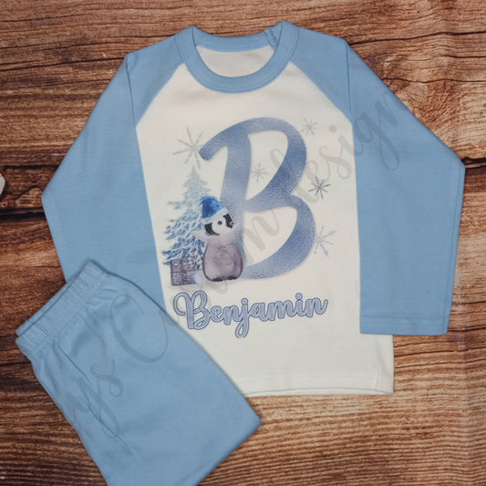Children's personalised Christmas pyjamas, Kids festive pjs, Blue Penguin initial nightwear