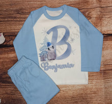 Load image into Gallery viewer, Children&#39;s personalised Christmas pyjamas, Kids festive pjs, Blue Penguin initial nightwear
