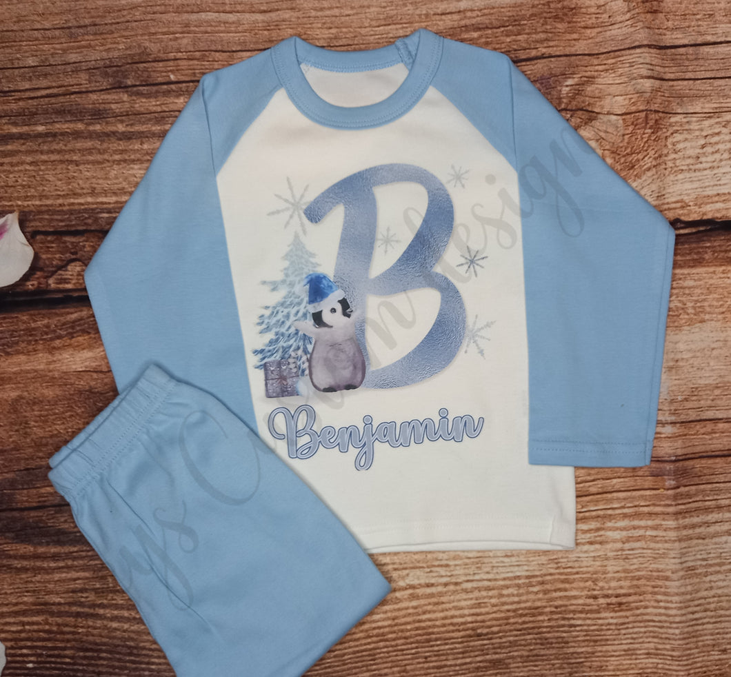 Children's personalised Christmas pyjamas, Kids festive pjs, Blue Penguin initial nightwear