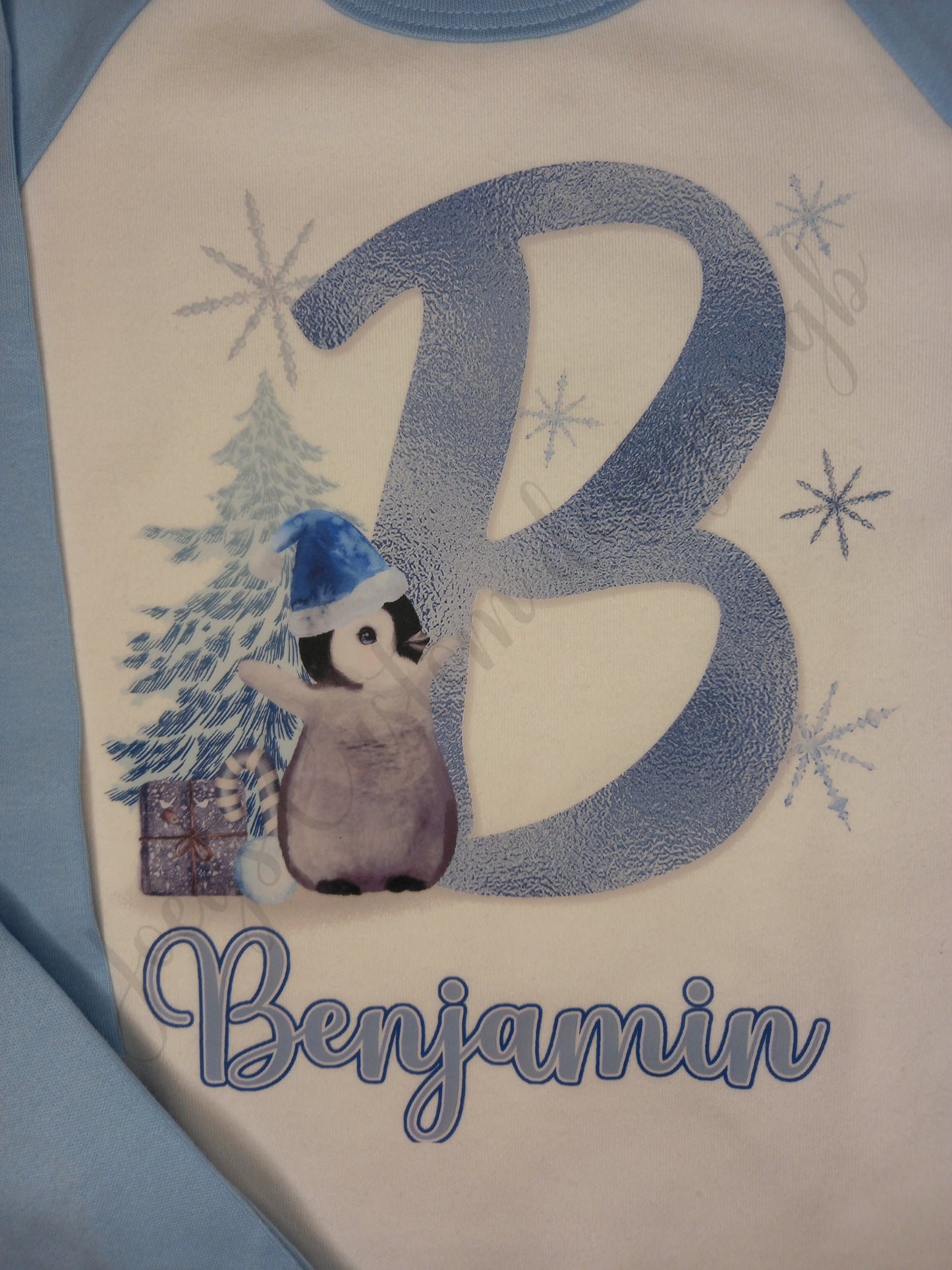 Children's personalised Christmas pyjamas, Kids festive pjs, Blue Penguin initial nightwear