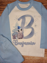 Load image into Gallery viewer, Children&#39;s personalised Christmas pyjamas, Kids festive pjs, Blue Penguin initial nightwear
