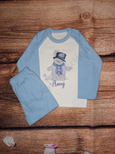 Load image into Gallery viewer, Children&#39;s personalised Christmas pyjamas, kids snowman pjs, festive sleepwear
