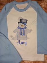 Load image into Gallery viewer, Children&#39;s personalised Christmas pyjamas, kids snowman pjs, festive sleepwear
