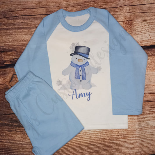 Children's personalised Christmas pyjamas, kids snowman pjs, festive sleepwear