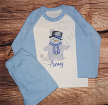 Load image into Gallery viewer, Children&#39;s personalised Christmas pyjamas, kids snowman pjs, festive sleepwear
