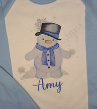 Load image into Gallery viewer, Children&#39;s personalised Christmas pyjamas, kids snowman pjs, festive sleepwear
