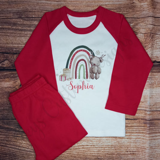 Children's personalised Christmas pyjamas, kids festive pjs, reindeer teddy bear sleepwear