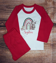 Load image into Gallery viewer, Children&#39;s personalised Christmas pyjamas, kids festive pjs, reindeer teddy bear sleepwear
