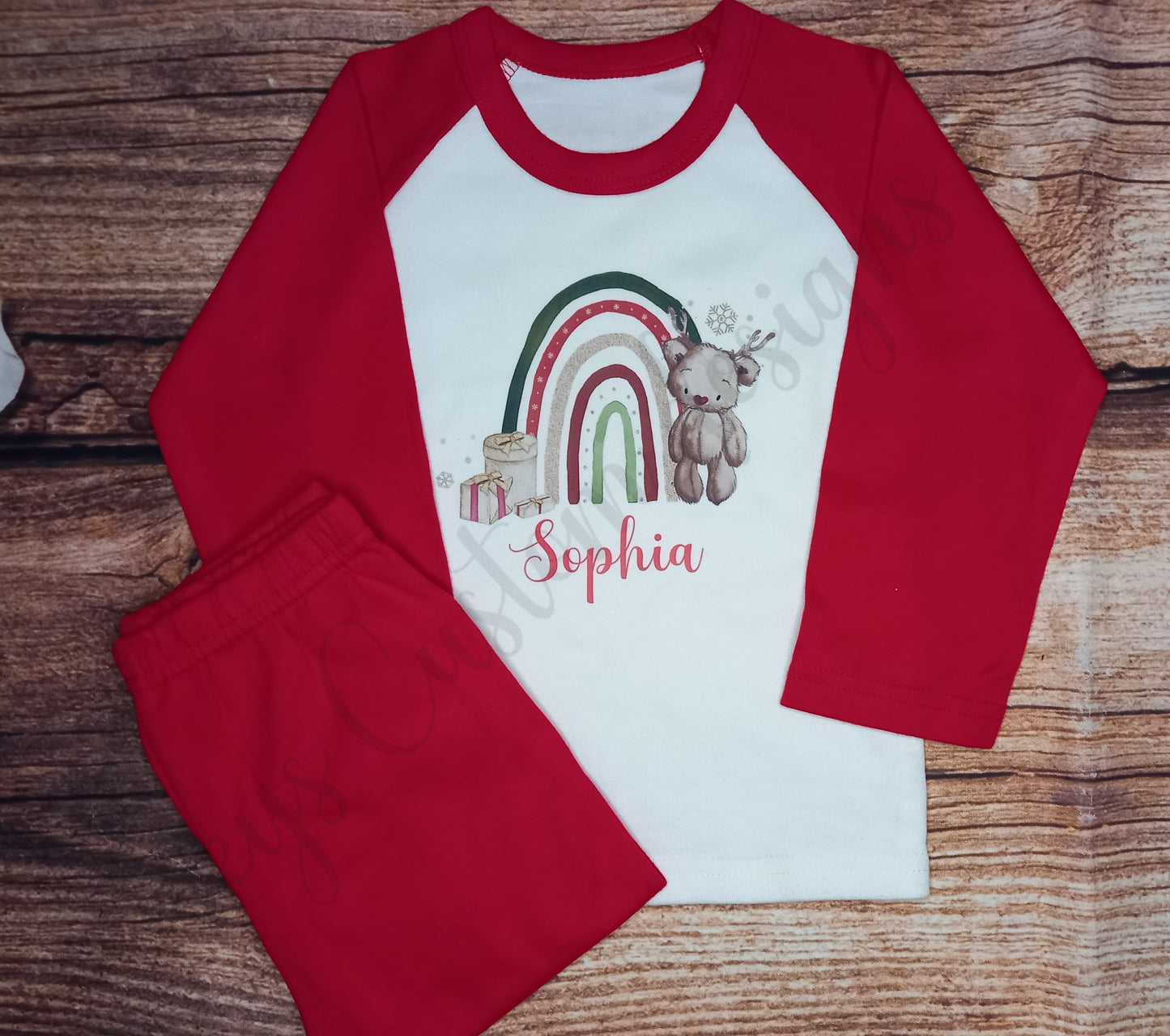 Children's personalised Christmas pyjamas, kids festive pjs, reindeer teddy bear sleepwear