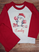 Load image into Gallery viewer, Childrens personalised Christmas pyjamas, Kids penguin pjs, Festive nightwear
