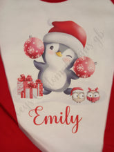 Load image into Gallery viewer, Childrens personalised Christmas pyjamas, Kids penguin pjs, Festive nightwear
