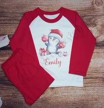 Load image into Gallery viewer, Childrens personalised Christmas pyjamas, Kids penguin pjs, Festive nightwear
