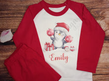 Load image into Gallery viewer, Childrens personalised Christmas pyjamas, Kids penguin pjs, Festive nightwear
