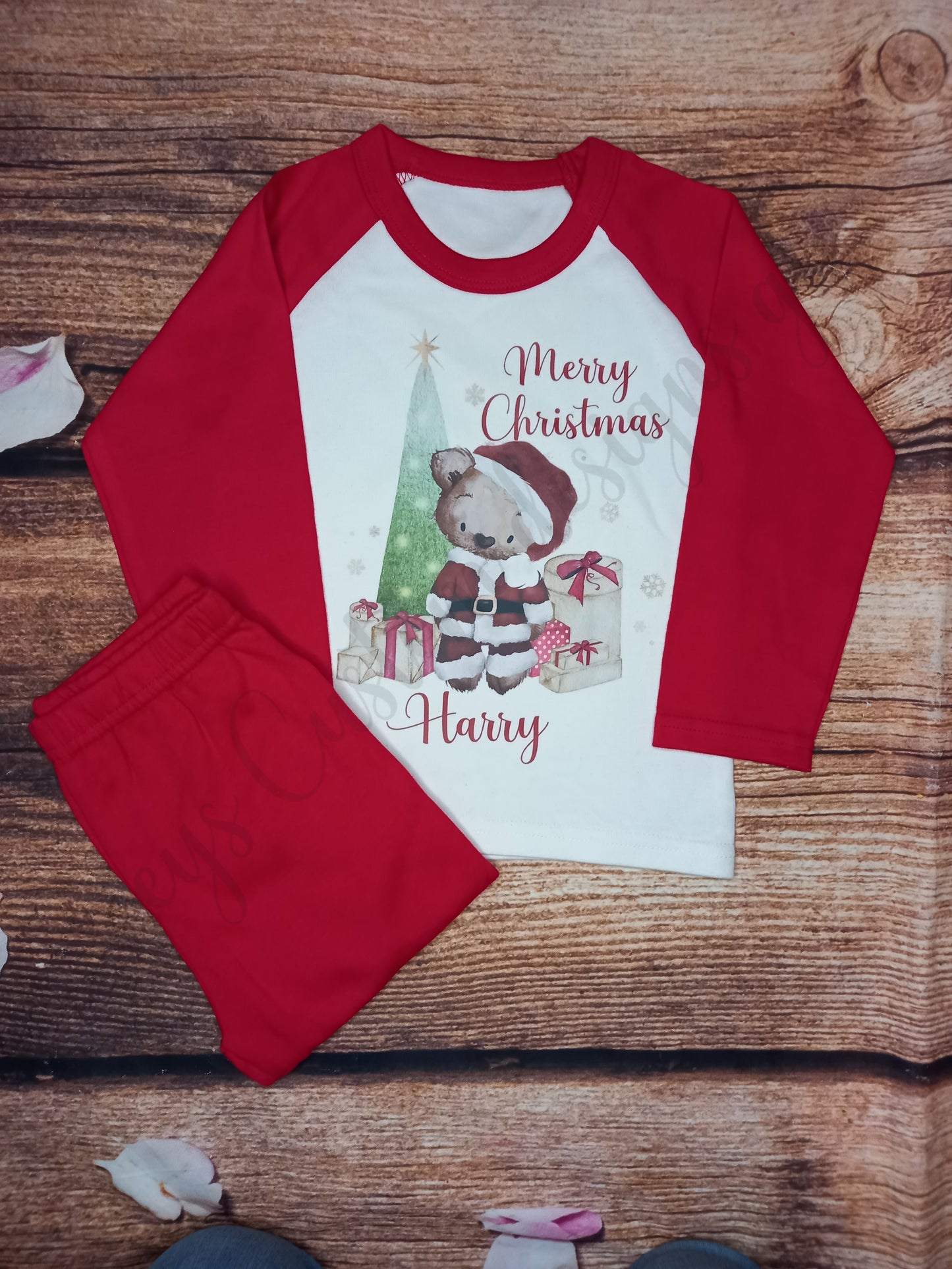 Children's personalised Christmas pyjamas, Kids Teddy bear xmas pjs, festive night wear