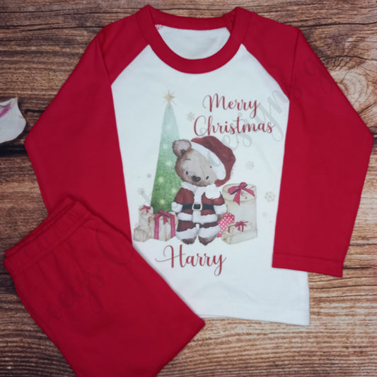 Children's personalised Christmas pyjamas, Kids Teddy bear xmas pjs, festive night wear