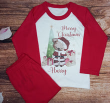 Load image into Gallery viewer, Children&#39;s personalised Christmas pyjamas, Kids Teddy bear xmas pjs, festive night wear
