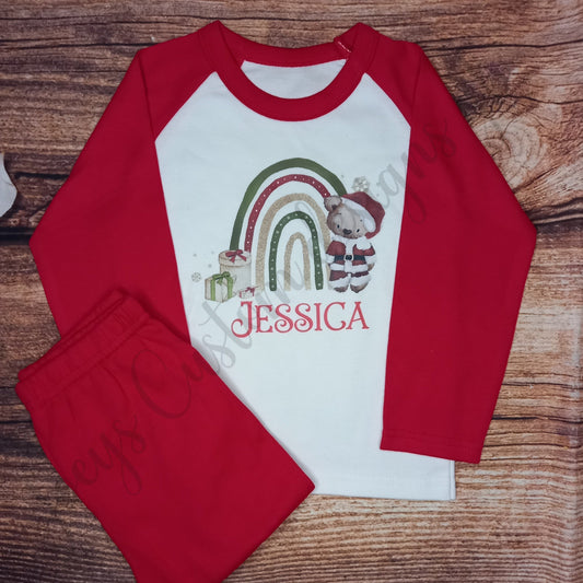 Childrens personalised Christmas pyjamas, Santa teddy and rainbow kids pjs, Christmas eve pjs