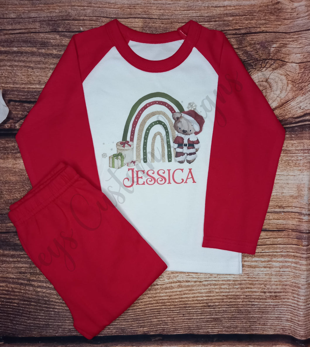 Childrens personalised Christmas pyjamas, Santa teddy and rainbow kids pjs, Christmas eve pjs