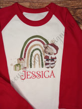 Load image into Gallery viewer, Childrens personalised Christmas pyjamas, Santa teddy and rainbow kids pjs, Christmas eve pjs
