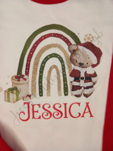 Load image into Gallery viewer, Childrens personalised Christmas pyjamas, Santa teddy and rainbow kids pjs, Christmas eve pjs
