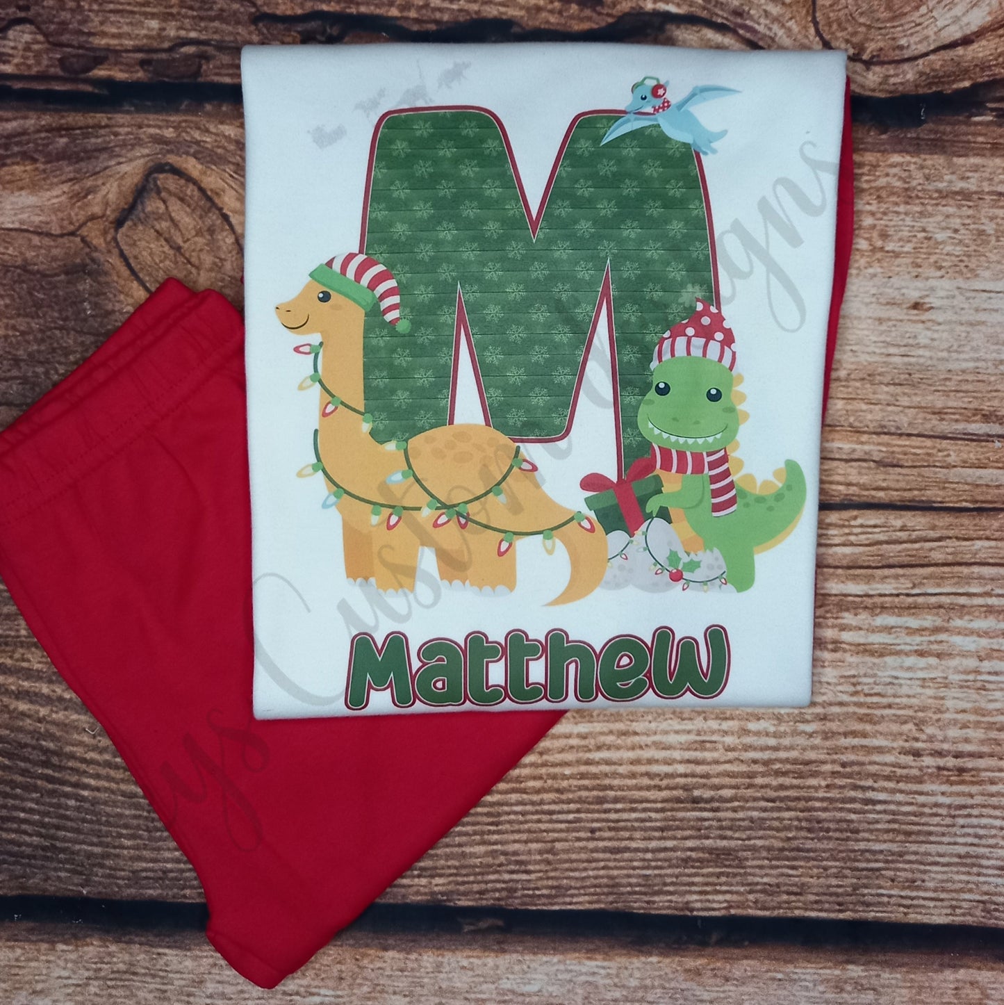 Childrens personalised Christmas pyjamas, Dinosaur xmas pjs, Personalised dino nightwear