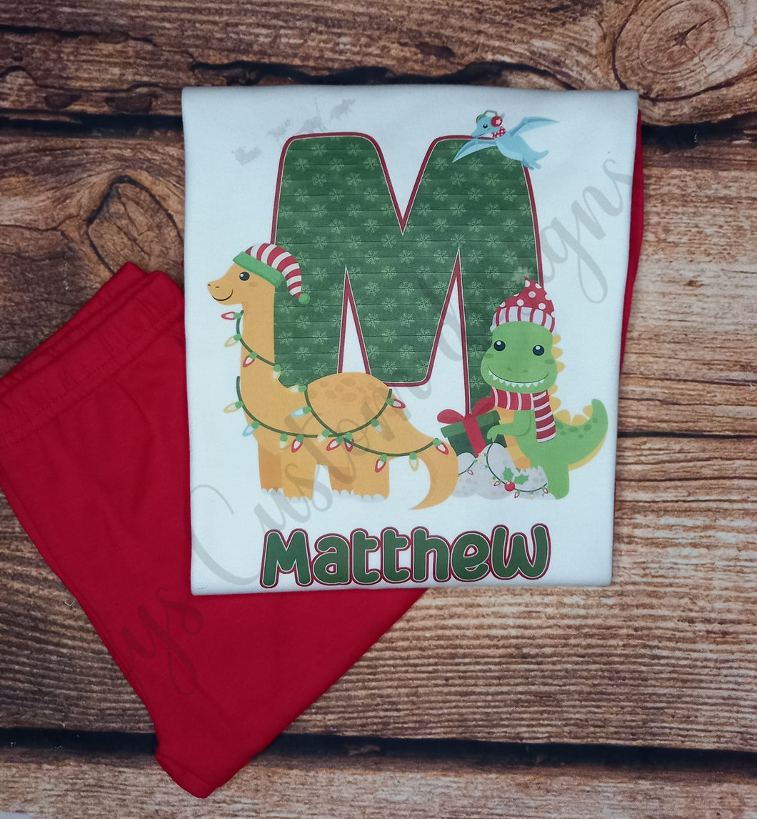 Childrens personalised Christmas pyjamas, Dinosaur xmas pjs, Personalised dino nightwear