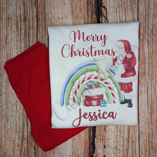 Childrens personalised Christmas pyjamas, kids xmas pjs, Santa rainbow festive pyjamas