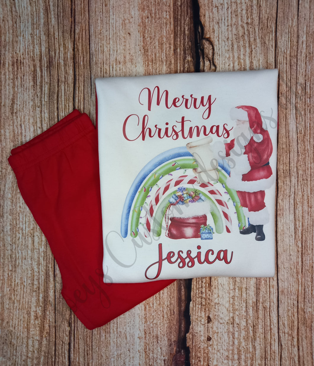 Childrens personalised Christmas pyjamas, kids xmas pjs, Santa rainbow festive pyjamas