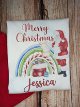 Load image into Gallery viewer, Childrens personalised Christmas pyjamas, kids xmas pjs, Santa rainbow festive pyjamas
