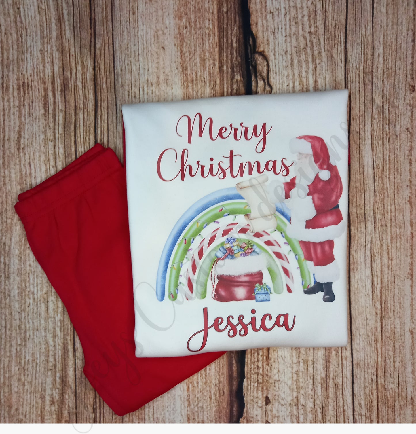 Childrens personalised Christmas pyjamas, kids xmas pjs, Santa rainbow festive pyjamas