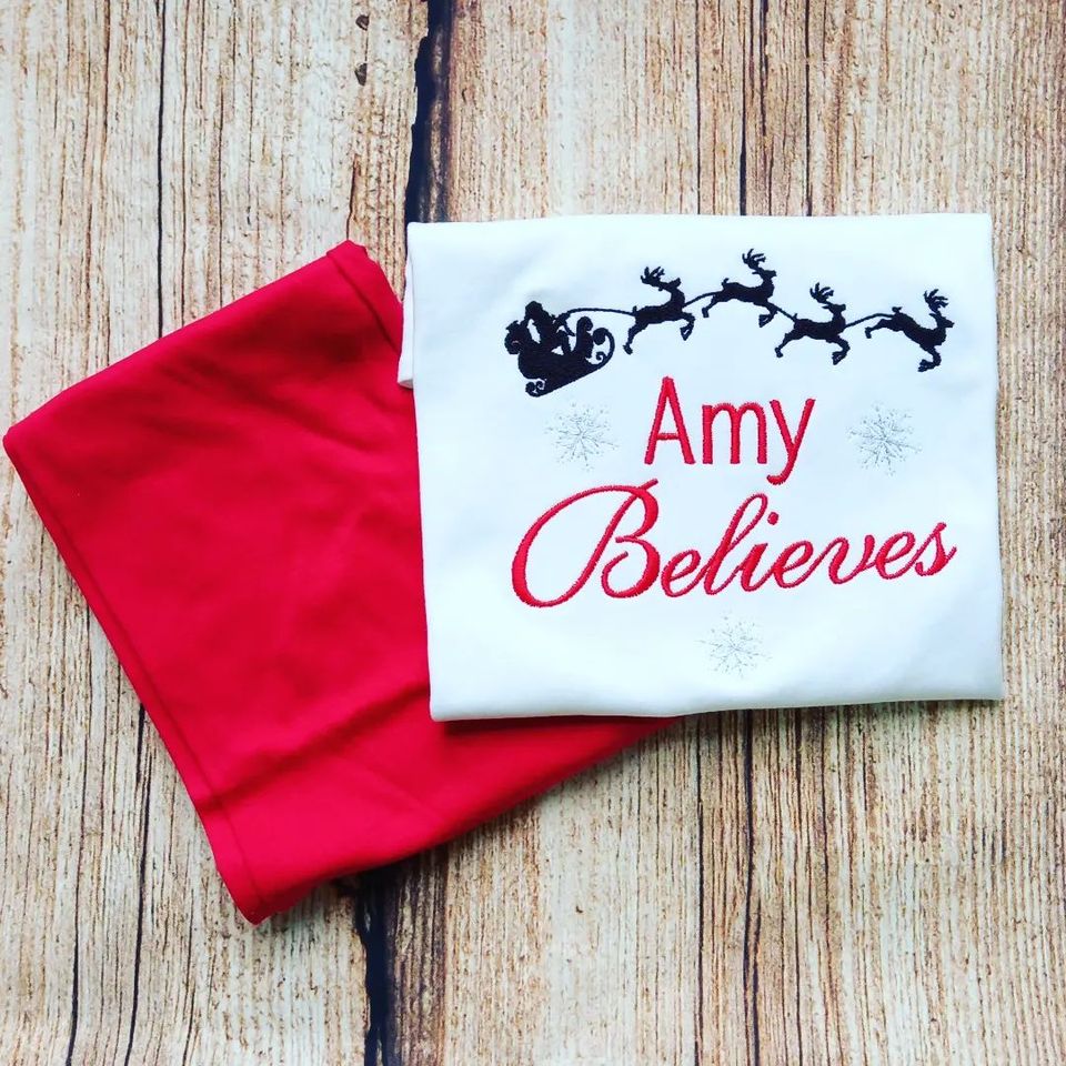 Childrens personalised Christmas pyjamas, kids xmas pjs, Believe in santa pyjamas, family pjs, matching pyjamas