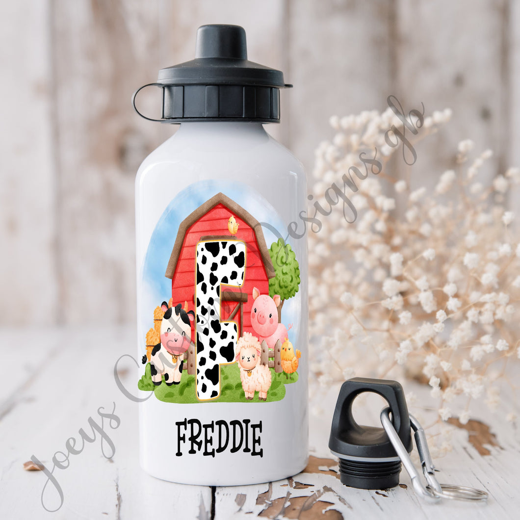 Childrens personalised water bottle, kids farmyard sports bottle, Farm animals drinks bottle, childs initial bottle aluminium drinkware.