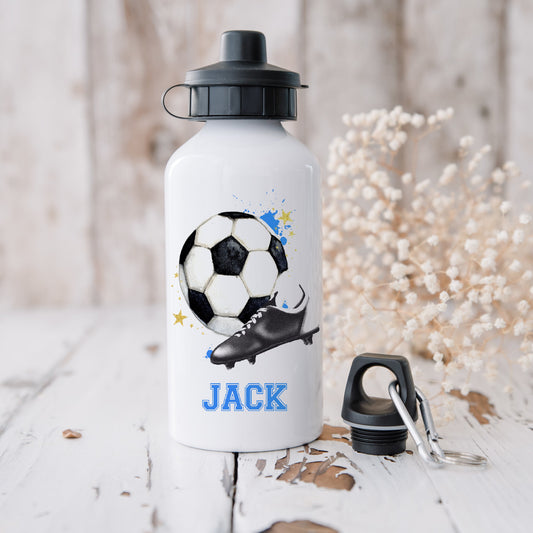 Childrens personalised water bottle, kids football sports bottle, blue football drinks bottle, school accessories, aluminium drinkware.