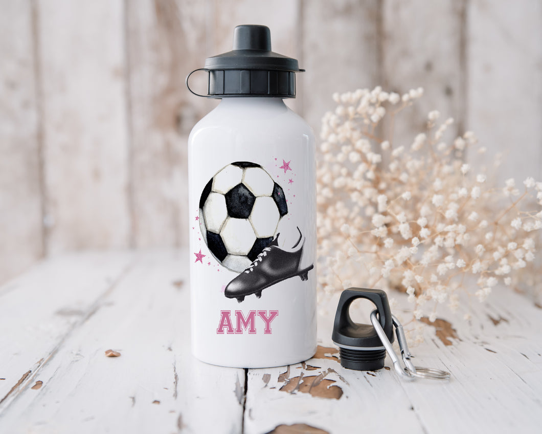 Childrens personalised water bottle, kids football sports bottle, pink football drinks bottle, school accessories, girls football.