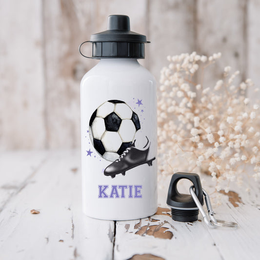 Childrens personalised water bottle, kids football sports bottle, purple football drinks bottle, school accessories, aluminium drinkware.