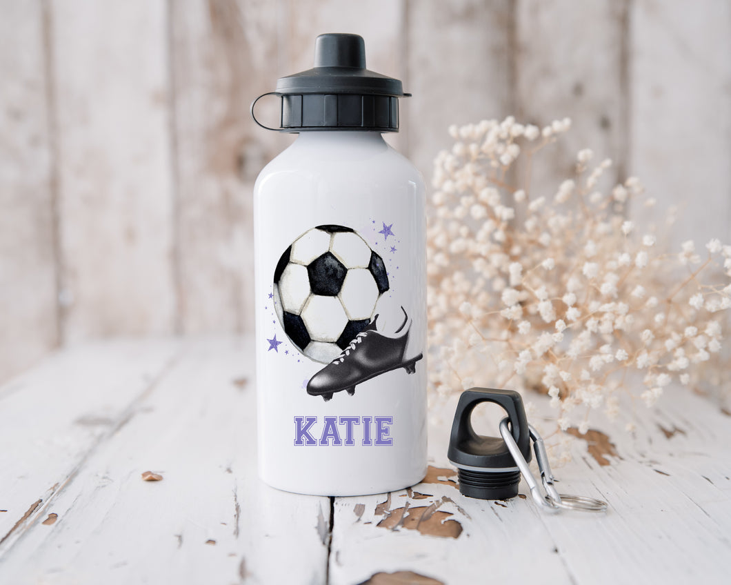 Childrens personalised water bottle, kids football sports bottle, purple football drinks bottle, school accessories, aluminium drinkware.