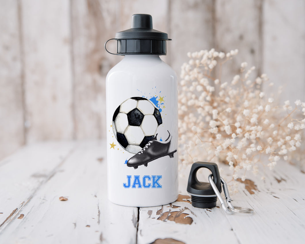 Childrens personalised water bottle, kids football sports bottle, blue football drinks bottle, school accessories, aluminium drinkware.