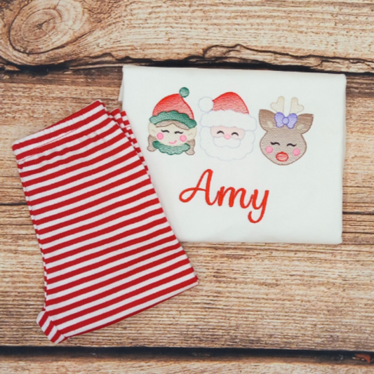 Childrens personalised Christmas pyjamas, Kids embroidered xmas pjs, girl elf, Santa and reindeer sketch design pyjamas