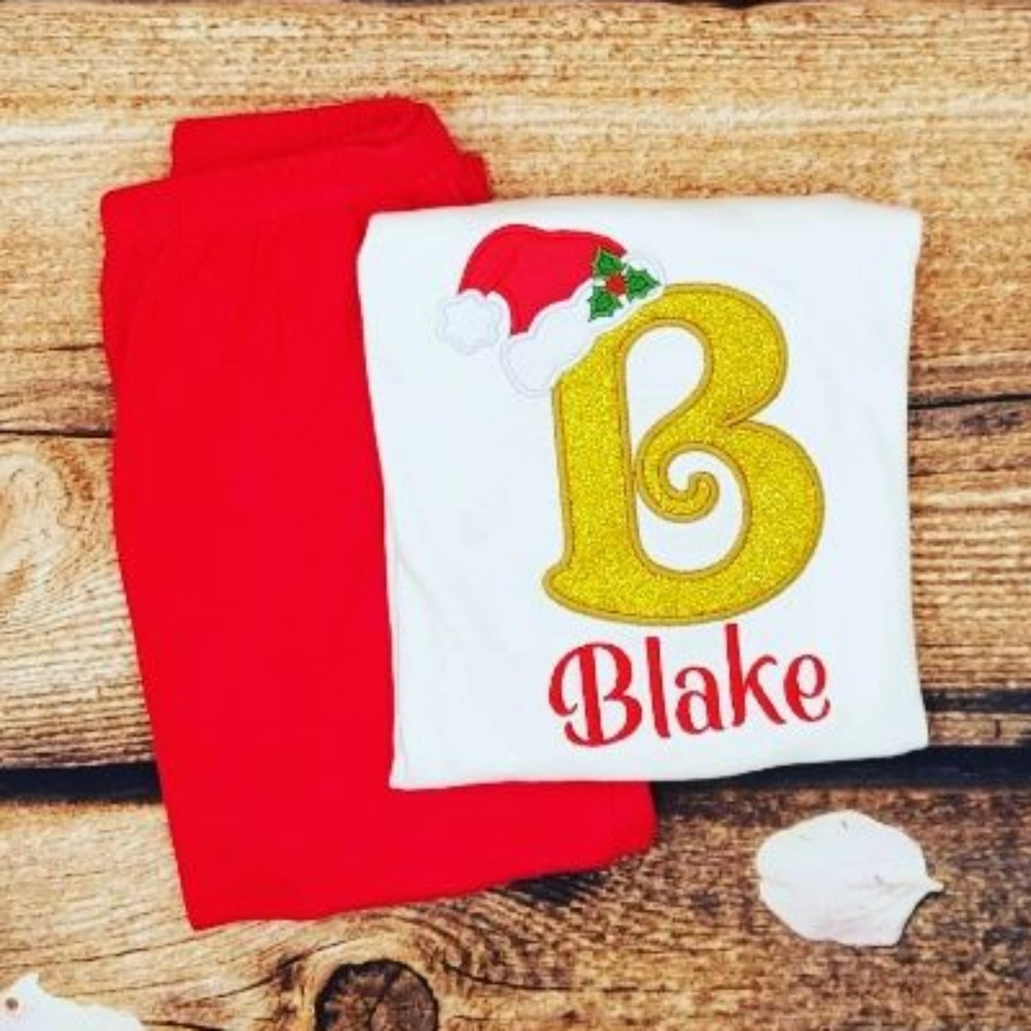 Children's personalised Christmas pjs, Glitter letter in santa hat pyjamas, kids embroidered xmas pjs, Family Christmas pyjamas