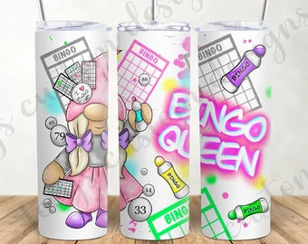 Bingo queen tumbler, bingo drinking cup with straw, steel drinkware, hot drink cup, cold drink cup, bingo gnome, 20oz drinking cup with lid.