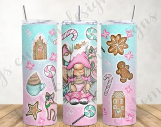 Christmas drinking tumbler, Gingerbread gnome 20 0z steel tumbler, Christmas drinking cup with straw, hot and cold drinks cup, festive gift