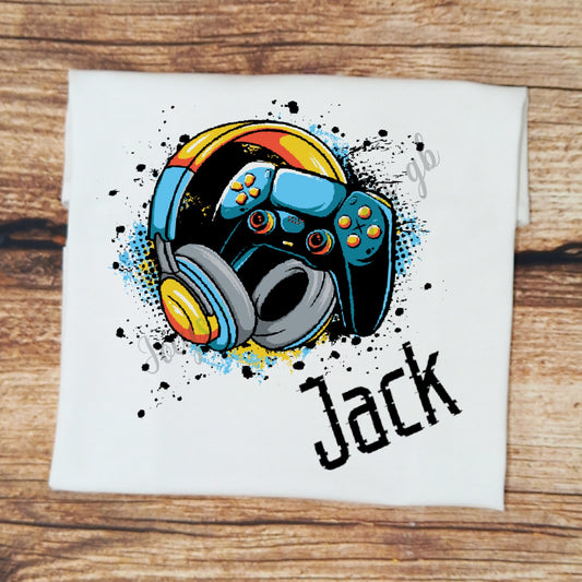 Personalised Gamer tshirt, Games control and headset, Gaming personalised clothing, polyester tee, childs personalised gift , kids games top