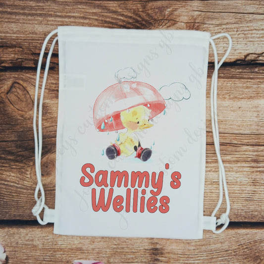 Childrens personalised welly bag,  Childs wellies gym sack, kids boot bag, duck with red umbrella school bag, toddler boot bag, nursery bag