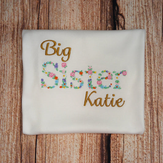 Childrens personalised big sister tshirt, big sister embroidered shirt, kids floral sister tee, sibling tshirt, pregnancy announcement shirt