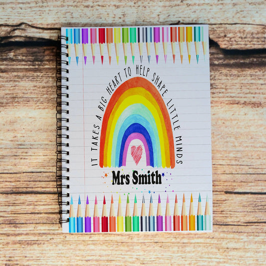 Teachers notebook, personalised notebook, End of term teachers gift, personalised teachers gift, spiral bound note pad, rainbow stationary